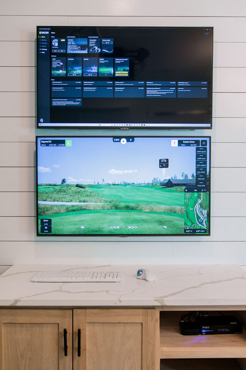 in-home golf simulator screen with custom cabinetry in Five Points